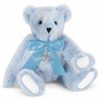 15" Winter Wonderland Bear - 15" seated jointed ice blue bear wearing a blue satin bow with a Danforth Pewter snowflake ornament