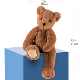 15" Buddy Bear - Slim honey brown bear seated on a blue box with a width measurement of 7 in or 18 cm and and length measurement of 15 in or 38 cm long.  image number 6