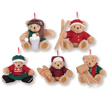 Vintage Inspired Holiday Ornaments - Set of 5 - 4" Plush seated ornaments dressed as a Skier, Snowshoe Bear, Bear with Snowballs, Sledding Bear and Skater Bear in red and green outfits.