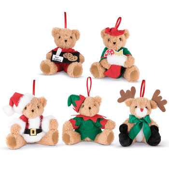 The Night before Christmas Ornaments Set - 4" plush ornaments - Reindeer, Santa, Bear in PJs with cookies, Elf, Mrs. Claus