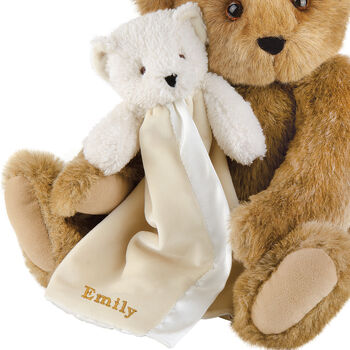 Bear Lovey Blanket - Ivory satin and fur blanket with bear head and arms and stroller strap