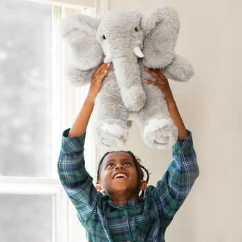 18" Oh So Soft Elephant - Front view of seated gray Elephant with boy in front of a window