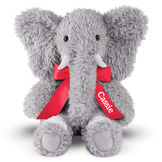 18" Oh So Soft Elephant - Front view of seated gray Elephant with gray foot pads and white tusks and toe nails wearing a red satin bow with tails personalized with "Cassie" in white lettering image number 4