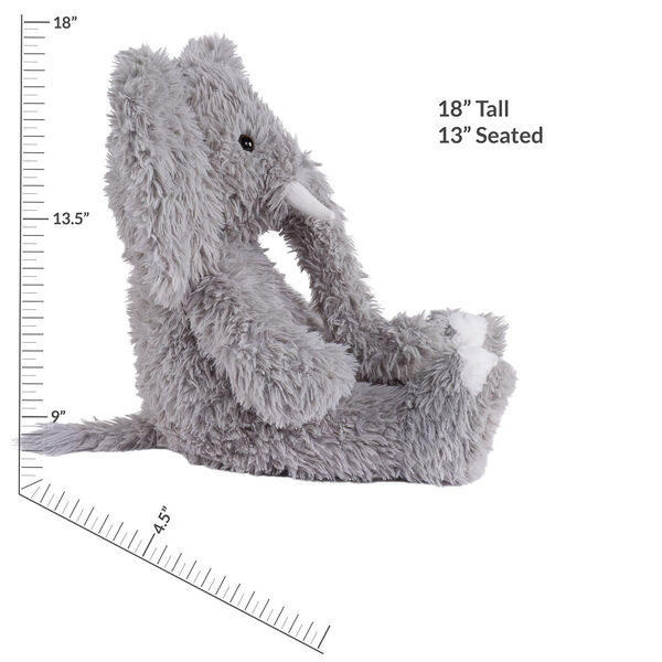 18" Oh So Soft Elephant - Front view of seated gray Elephant with gray foot pads and white tusks and toe nailsmeasuring 18 in or 41 cm tall when standing