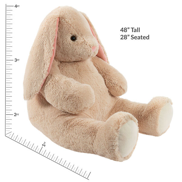 4' Cuddle Bunny- Side view of tan bunny with measurements of 48" tall and 28" seated