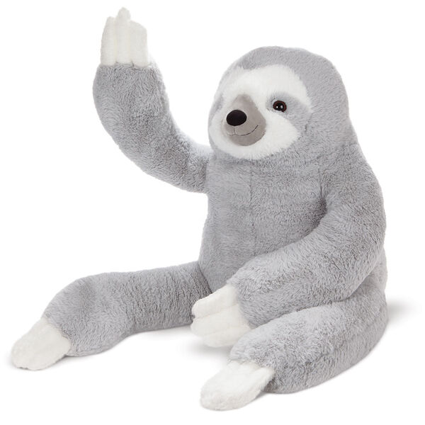 3 1/2' Gentle Giant Sloth - Three quarter view of seated gray and white Sloth with paw raised