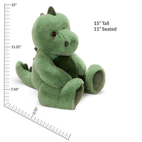 15" Cuddle Chunk Dinosaur - 3/4 view of seated green dinosaur with measurements of 15" Tall and 11" Seated