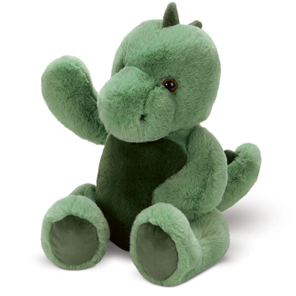 15" Cuddle Chunk Dinosaur - 3/4 view of seated waving green dinosaur with dark green belly, scales and foot pads image number 0