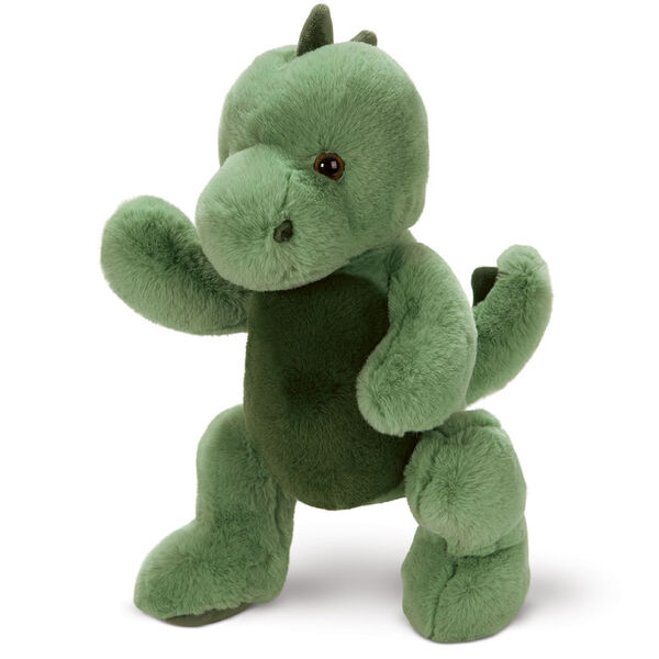 15" Cuddle Chunk Dinosaur - 3/4 view of standing green dinosaur with dark green belly, scales and foot pads