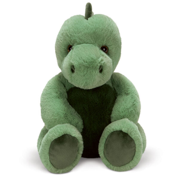 15" Cuddle Chunk Dinosaur - front view of seated green dinosaur with dark green belly, scales and foot pads