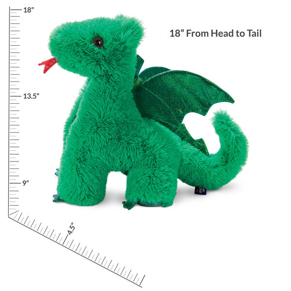 18" Fluffy Fantasy Green Dragon - Side view of standing emerald green plush with measurement of 18" from head to tail