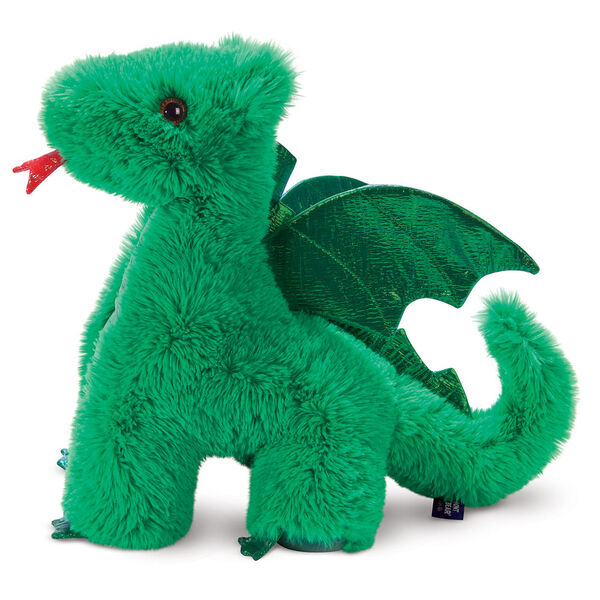 18" Fluffy Fantasy Green Dragon - Side view of standing emerald green plush with wings and red tongue