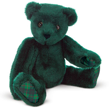 20" Special Edition Classic Christmas Plaid Bear- Seated 3/4 view of jointed dark green bear with plaid paw pads and hazel eyes
