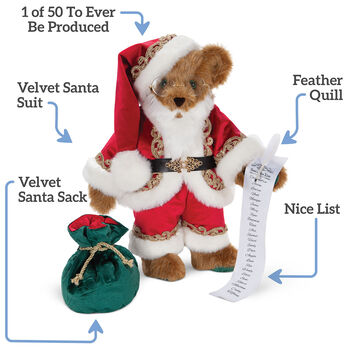 15" Limited Edition Night Before Christmas Santa Bear - Front view of standing jointed honey bear with text that says, "1 of 50 To Ever Be Produced, Feather Quill, Nice List, Velvet Santa Sack, Velvet Santa Suit." 