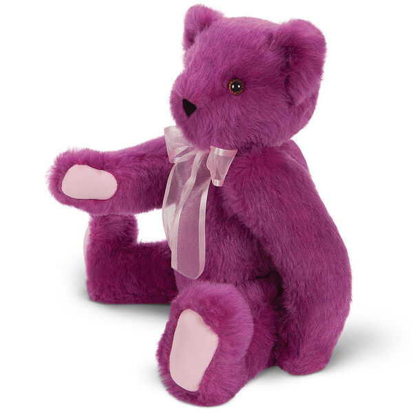 20" Special Edition La Vie En Rose Bear - Side view of jointed seated rose wine bear with pink organza bow around neck