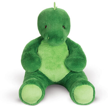 4' Cuddle Dinosaur - Front view of seated green dinosaur with light green belly and feet, has soft spikes and a tail