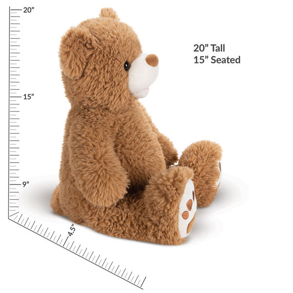 20" Bubba the Fuzzy Teddy Bear - Side view of seated almond brown bear with measurements of 20" tall and 14" seated