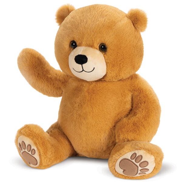 20" Hugsy the Teddy Bear - Front view of seated golden brown bear with light brown muzzle and embroidered foot pads