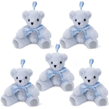 4" Winter Wonderland Ornaments - Set of 5 ice blue 4" bear ornaments with blue bows and Danforth Pewter snowflakes 