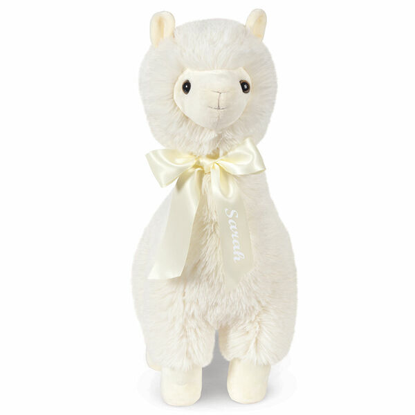 20" World's Softest Llama - Front view of standing ivory llama with brown eyes and satin bow personalized with a name image number 4