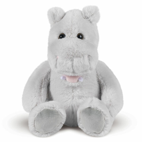15" Cuddle Chunk Hippo - Front view of seated grey plush hippo with brown eyes, prominent teeth and pink tongue