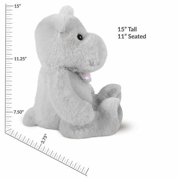 15" Cuddle Chunk Hippo - Front view of seated grey plush hippo with measurements of 15" Tall or 11" Seated