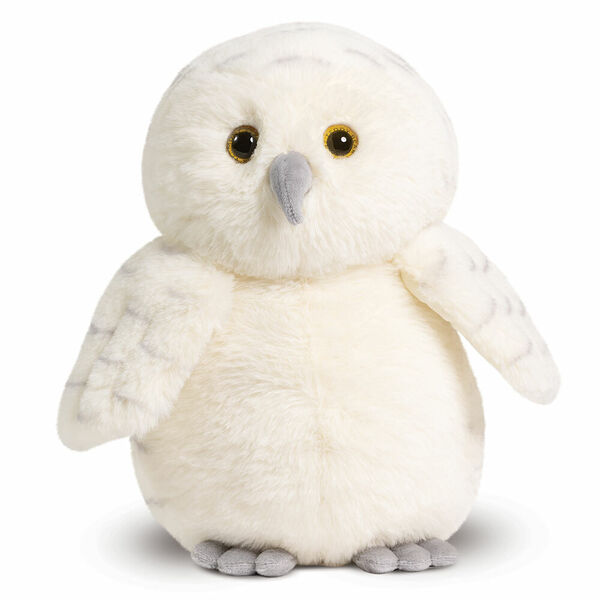 15" Cuddle Chunk Snowy Owl - Front view of snow white owl with brown eyes and model