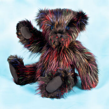 20" Special Edition Fireworks Bear - Front seated 3/4 view of 20" jointed black licorice bear with filaments of colored fur throughout. Bear has blue eyes and grey paw pads.
