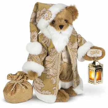 15" Limited Edition Gilded Santa Bear - Standing jointed honey bear with gold fur lined coat, vest, pants and hat holding a lantern and toy sack