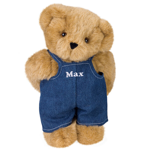 11" Cub Boy Bear - Honey Brown Standing in Denim Overalls with Max personalized on the bib image number 0