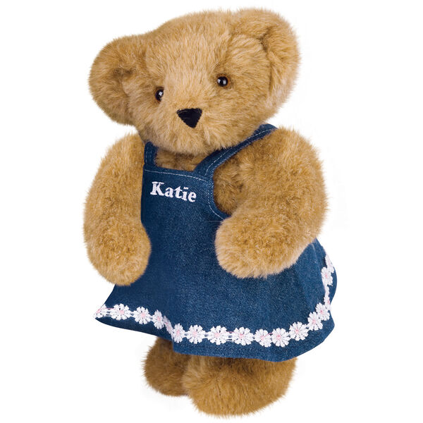 11" Cub Girl Bear - Honey Brown Standing in Denim Dress with Katie personalized on the bib image number 0