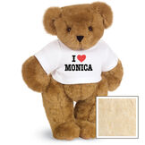 15" "I HEART You" Personalized T-Shirt Bear - Standing Jointed Bear in white t-shirt that says I "Heart" your custom name in black and red lettering - Buttercream brown fur image number 3