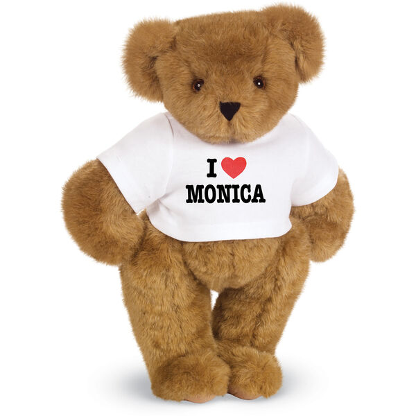 15" "I HEART You" Personalized T-Shirt Bear - Standing Jointed Bear in white t-shirt that says I "Heart" plus your custom name in black and red lettering - Honey brown fur image number 0