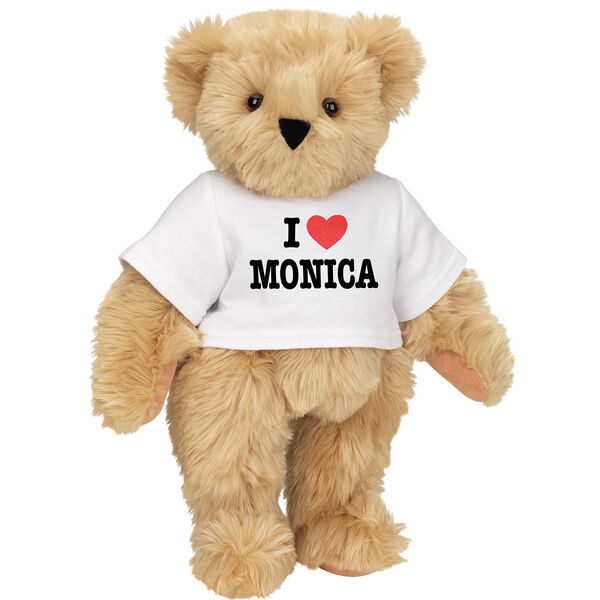 15" "I HEART You" Personalized T-Shirt Bear - Standing Jointed Bear in white t-shirt that says I "Heart" your custom name in black and red lettering - long Maple brown fur