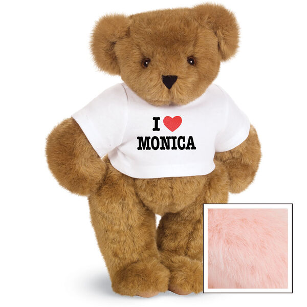 15" "I HEART You" Personalized T-Shirt Bear - Standing Jointed Bear in white t-shirt that says I "Heart" your custom name in black and red lettering - Pink fur