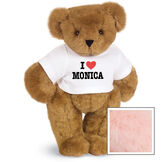 15" "I HEART You" Personalized T-Shirt Bear - Standing Jointed Bear in white t-shirt that says I "Heart" your custom name in black and red lettering - Pink fur image number 7