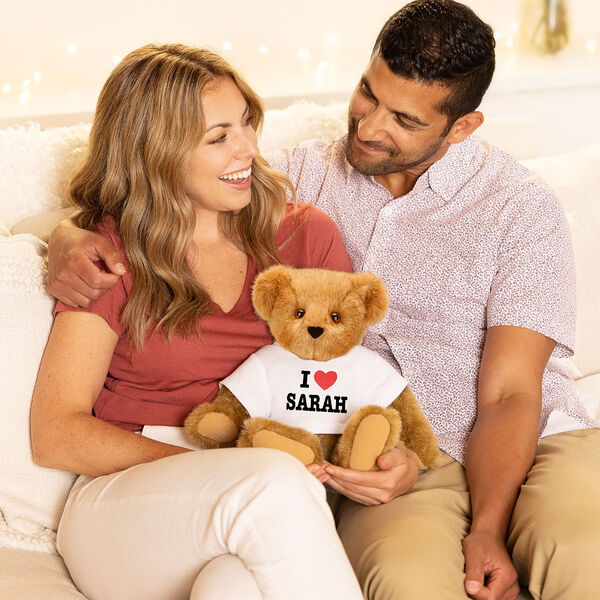 15" "I HEART You" Personalized T-Shirt Bear - Bear in white t-shirt that says I "Heart" your name presented as a romantic gift image number 1
