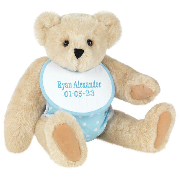 15" Baby Boy Bear - Seated jointed bear dressed in light blue with white dots fabric diaper and bib. Bib is personalized in light blue lettering - Buttercream