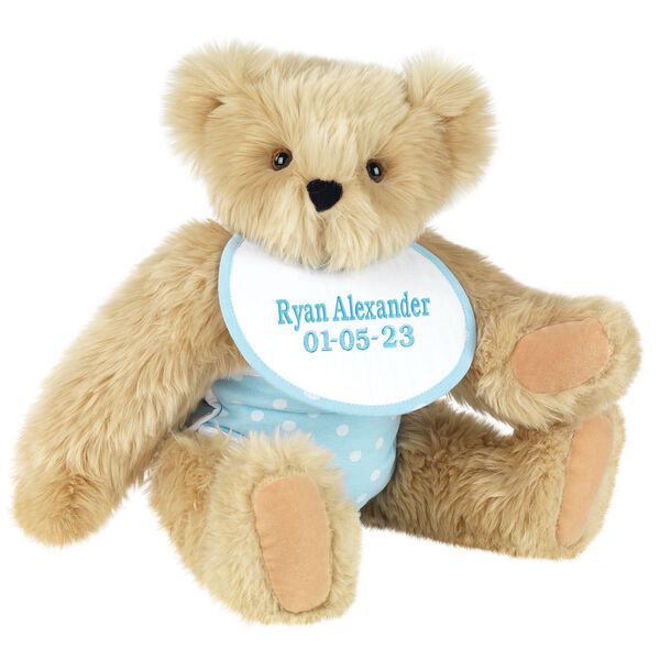 15" Baby Boy Bear - Seated jointed bear dressed in light blue with white dots fabric diaper and bib. Bib with is personalized in light blue lettering - Maple image number 7