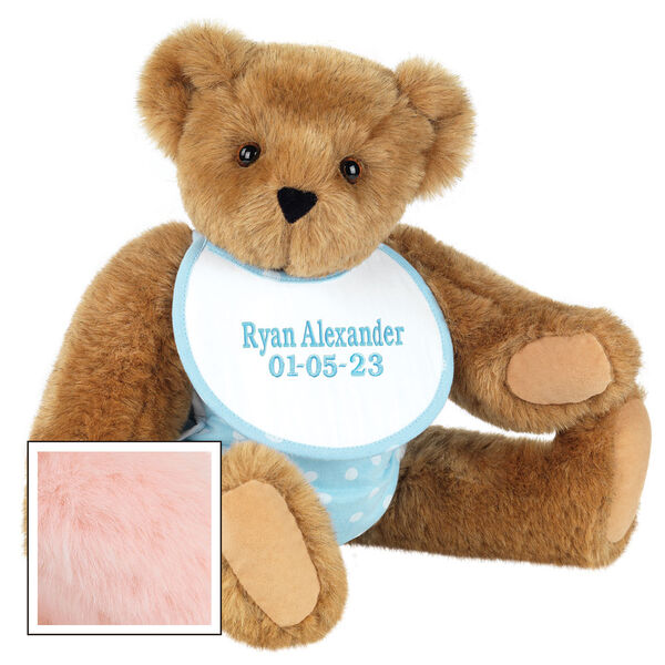15" Baby Boy Bear - Seated jointed bear dressed in light blue with white dots fabric diaper and bib. Bib with is personalized in light blue lettering - Pink image number 6