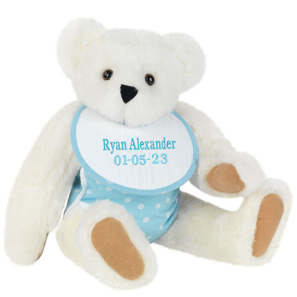 15" Baby Boy Bear - Seated jointed bear dressed in light blue with white dots fabric diaper and bib. Bib with is personalized in light blue lettering - Vanilla
