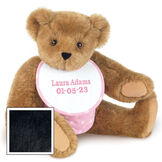 15" Baby Girl Bear - Seated jointed bear dressed in pink with white dots fabric diaper and bib. Bib with "Laura Adams" and "5-1-22" in light pink lettering - Black image number 5