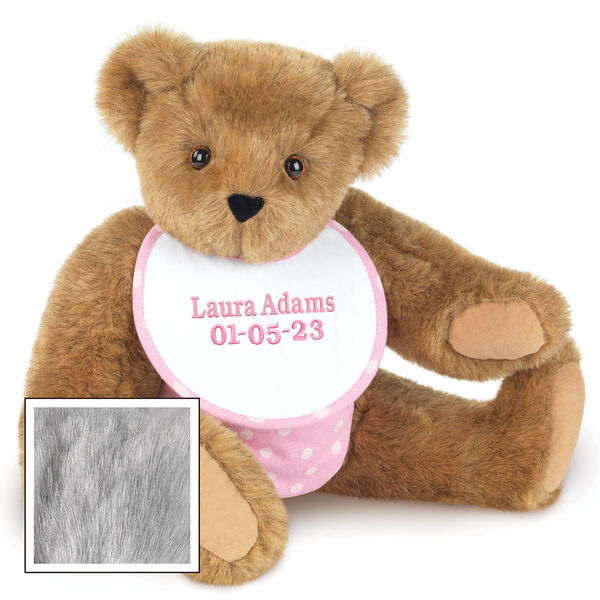 15" Baby Girl Bear - Seated jointed bear dressed in pink with white dots fabric diaper and bib. Bib with "Laura Adams" and "5-1-22" in light pink lettering - Gray
