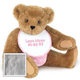 15" Baby Girl Bear - Seated jointed bear dressed in pink with white dots fabric diaper and bib. Bib with "Laura Adams" and "5-1-22" in light pink lettering - Gray image number 6