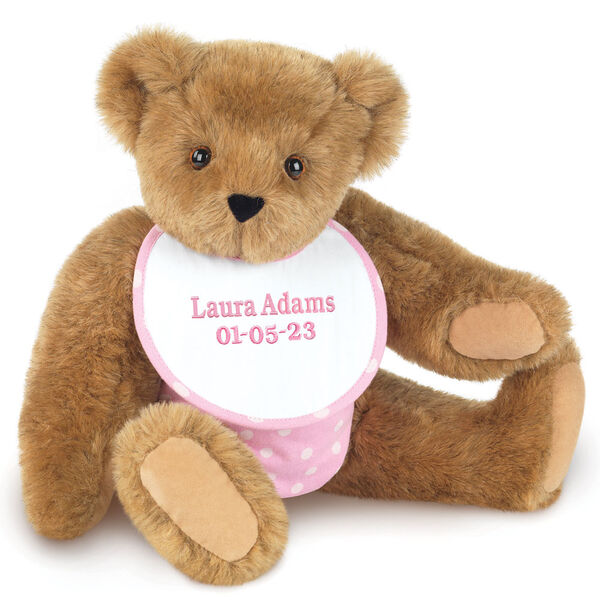 15" Baby Girl Bear - Seated jointed bear dressed in pink with white dots fabric diaper and bib. Bib with "Laura Adams" and "5-1-22" in light pink lettering - Honey image number 0