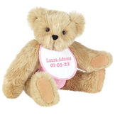 15" Baby Girl Bear - Seated jointed bear dressed in pink with white dots fabric diaper and bib. Bib with "Laura Adams" and "5-1-22" in light pink lettering - Maple image number 8