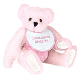 15" Baby Girl Bear - Seated jointed bear dressed in pink with white dots fabric diaper and bib. Bib with "Laura Adams" and "5-1-22" in light pink lettering - Pink image number 7