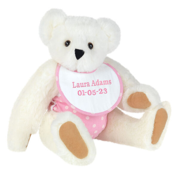 15" Baby Girl Bear - Seated jointed bear dressed in pink with white dots fabric diaper and bib. Bib with "Laura Adams" and "5-1-22" in light pink lettering - Vanilla image number 4