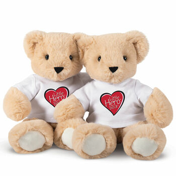 13" Little Hero Bear - Buy 1, Give 1 - Front view of 2 butterscotch light brown bears in white t-shirts with Little Hero Friend for Life Logos