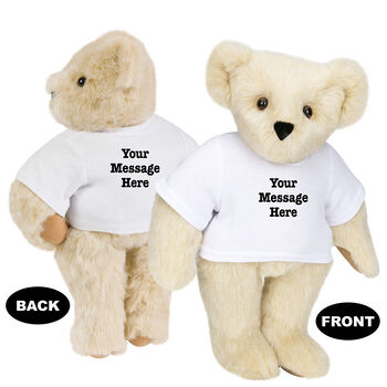15" Say Anything T-Shirt Bear - Front view of standing jointed bear dressed in white t-shirt with black graphic that says, "Your message here" on the front and the back of the shirt - Buttercream brown fur